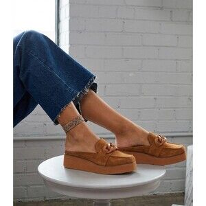 Naked Feet Brown suede chain platform loafer slip on chunky chain detail Size 7M